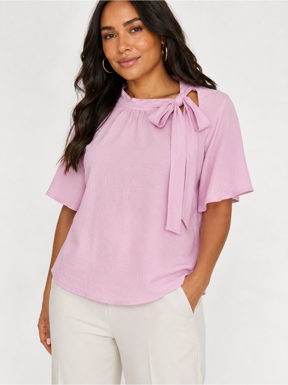 Timing Offset Necktie Short Sleeve Blouse – Size Large – Pink